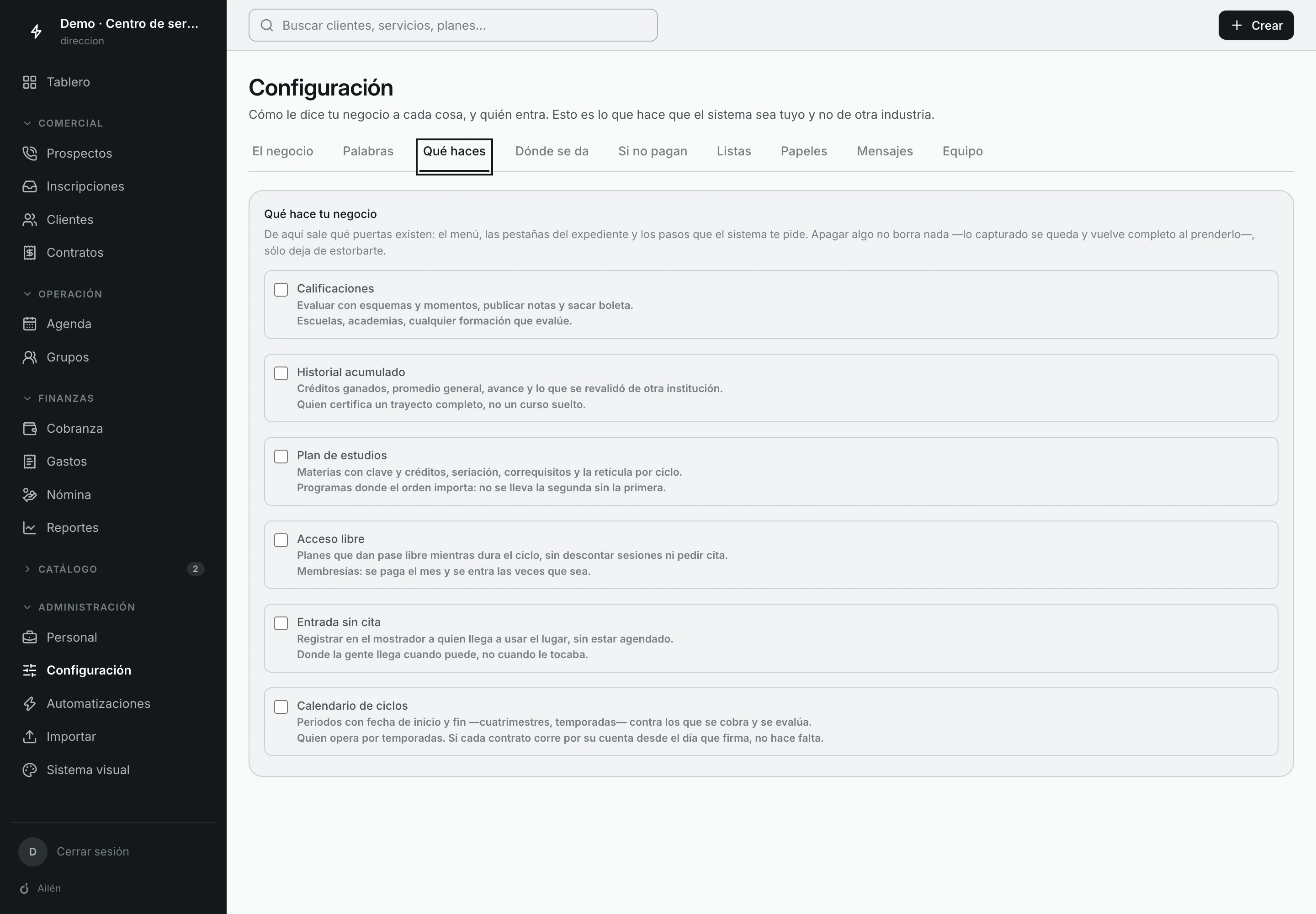Pantalla «Qué hace tu negocio» con las seis capacidades